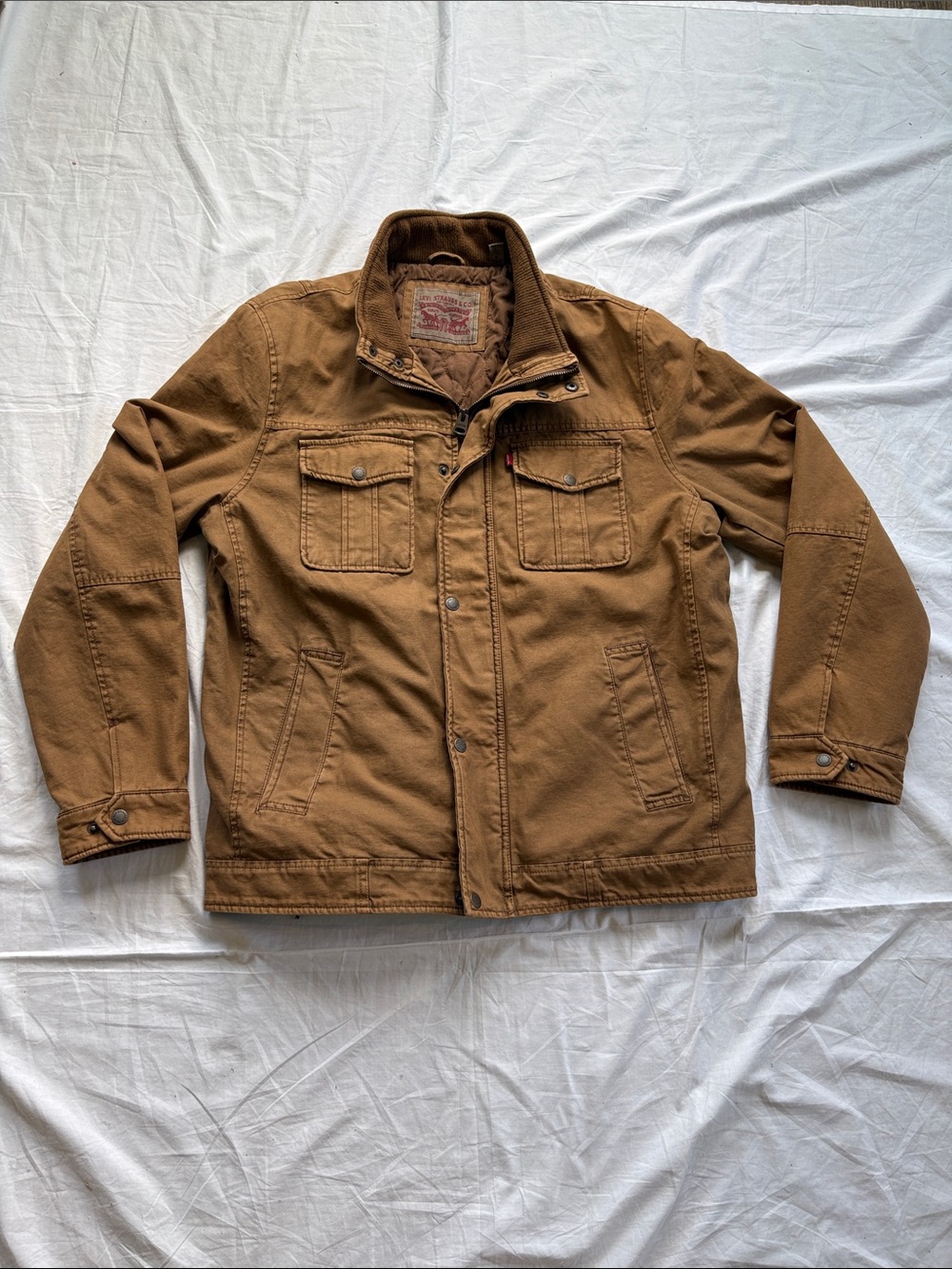 Levi's Twill Quilt Lined Trucker Military Chore Jacket Canvas Mens Large Tan
